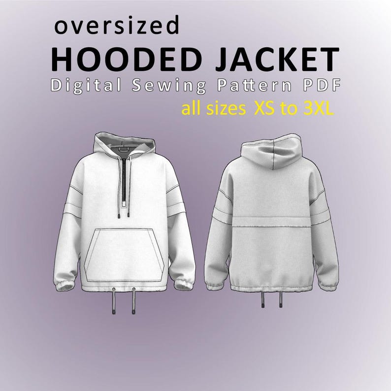Oversized Half-Zip Hooded Jacket with Dropped Shoulder - All Sizes - Digital Sewing Pattern PDF image 1