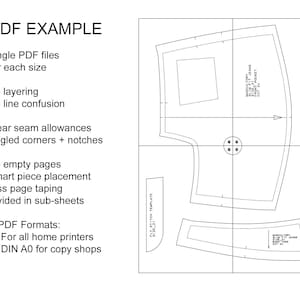 May include: A black and white line drawing of a sewing pattern for a pair of pants. The pattern is divided into four sections, with each section showing a different part of the pants. The pattern includes seam allowances and notches. The text "PDF EXAMPLE" is at the top of the image. The text "single PDF files for each size" is below the title. The text "no layering, no line confusion, clear seam allowances, angled corners + notches, no empty pages, smart piece placement, less page taping, divided in sub-sheets" is below the text about the PDF files. The text "2 PDF Formats: 1) For all home printers 2) DIN A0 for copy shops" is at the bottom of the image.