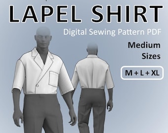 Medium Sizes  M / L / XL - Double Breasted Lapel Shirt for men with 3/4 sleeves and an optional breast pocket - Digital Sewing Pattern PDF