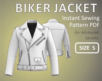 Size S - Iconic Biker Jacket for men Double Rider Motorcycle Jacket with asymmetrical Zipper Moto Zipper Jacket - Digital Sewing Pattern PDF