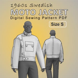 May include: Digital sewing pattern for a 1960s Swedish Moto Jacket, size S. The image shows a white jacket with a high collar, pockets, and a belt, displayed on a mannequin. The jacket has a classic, vintage design.