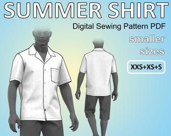 Casual Summertime Camp Shirt for men with short sleeves and a one-piece-collar - Smaller Sizes XXS / XS / S - Digital Sewing Pattern PDF