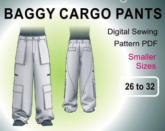Puede incluir: Patrón de costura digital PDF para pantalones cargo holgados en tallas 26 a 32. El patrón incluye una vista frontal y posterior de los pantalones.