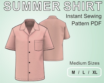 Casual Summertime Camp Shirt for men with short sleeves and a one-piece-collar - Medium Sizes  M / L / XL - Digital Sewing Pattern PDF