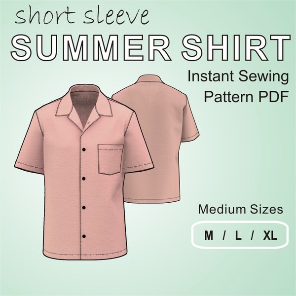 Casual Summertime Camp Shirt for men with short sleeves and a one-piece-collar - Medium Sizes  M / L / XL - Digital Sewing Pattern PDF