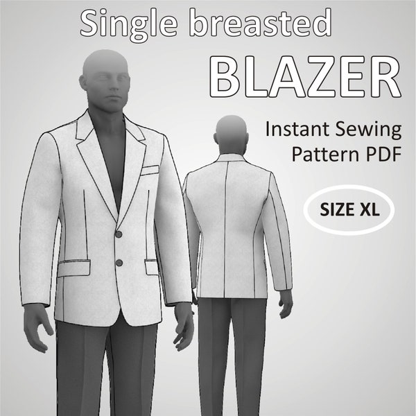 Size XL (US44) Mens Blazer Classic Suit Jacket for Men with Lapel and full Lining - Digital Sewing Pattern PDF