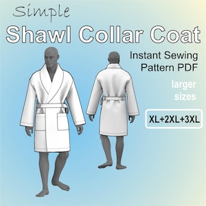 Può includere: Un cartamodello per un cappotto bianco con collo a scialle, disponibile nelle taglie XL, 2XL e 3XL. Il cartamodello è disponibile come download istantaneo in PDF.