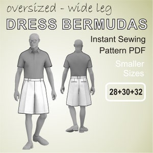 以下が含まれることがあります： ゆったりとしたワイドレッグのドレスベルムダショーツのデジタル裁縫パターン。パターンにはサイズ28、30、32が含まれています。画像は、ショーツを着用した人の線画を示しています。