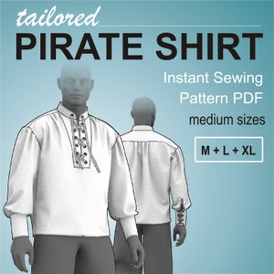 Tailored Pirate Shirt for men with lace up front inset and ruffles  - Medium Sizes M + L + XL  Digital Sewing Pattern PDF