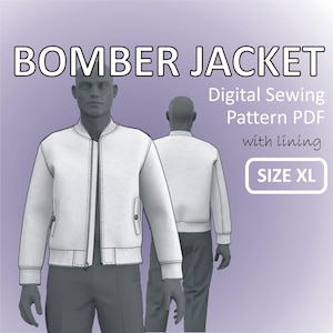Size XL - Bomber Jacket for men with Front Zipper, Ribbing and Full Lining - Digital Sewing Pattern PDF