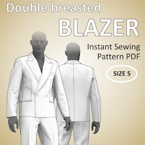 Size S (US38) Mens Blazer Tailored double breasted Suit Jacket for Men with peak lapel and full lining - Digital Sewing Pattern PDF