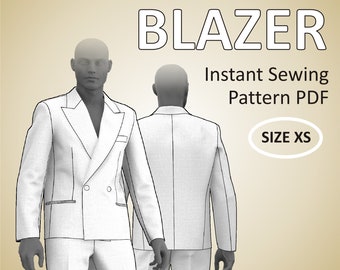 Size XS (US36) Mens Blazer Tailored double breasted Suit Jacket for Men with peak lapel and full lining - Digital Sewing Pattern PDF