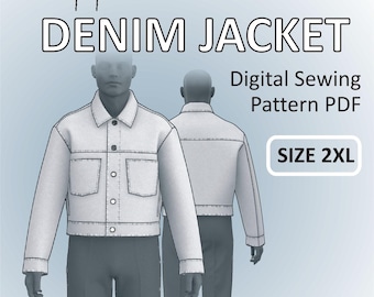 May include: A digital sewing pattern for a cropped denim jacket in size 2XL. The pattern is shown on a white mannequin.
