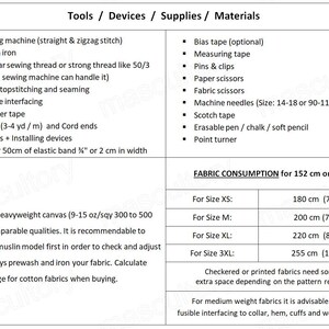 May include: A detailed list of sewing tools, devices, supplies, and materials, including a sewing machine, steam iron, and various tapes. Also included is fabric consumption information for different sizes, with measurements in inches and centimeters.