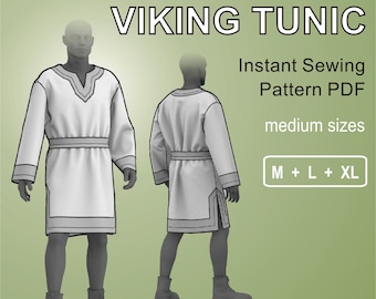 May include: A digital illustration of a Viking tunic sewing pattern. The pattern includes sizes M, L, and XL. The text "Instant Sewing Pattern PDF" and "medium sizes" is also included in the image.