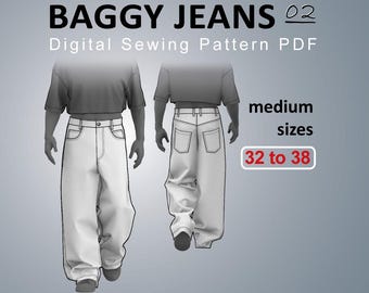 Baggy Jeans 02! - Oversized Loose Fit Jeans - Baggy Denim Pants Digital Sewing Pattern PDF Medium Sizes 32, 34, 36, 38