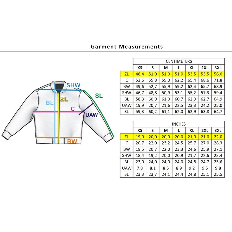 May include: A white bomber jacket with measurements in inches and centimeters for different sizes. The measurements include:  ZL, C, BW, SHW, BL, UAW, and SL.
