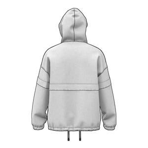 May include: A light gray hooded jacket with a drawstring hem. The jacket features a hood, long sleeves, and a horizontal seam across the midsection. The sleeves have two parallel stripes near the elbow. The jacket is a casual outerwear garment.