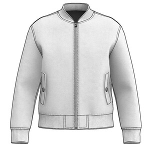 May include: A white bomber jacket with a zipper closure and two pockets on the sides. The jacket has a ribbed collar, cuffs, and hem.