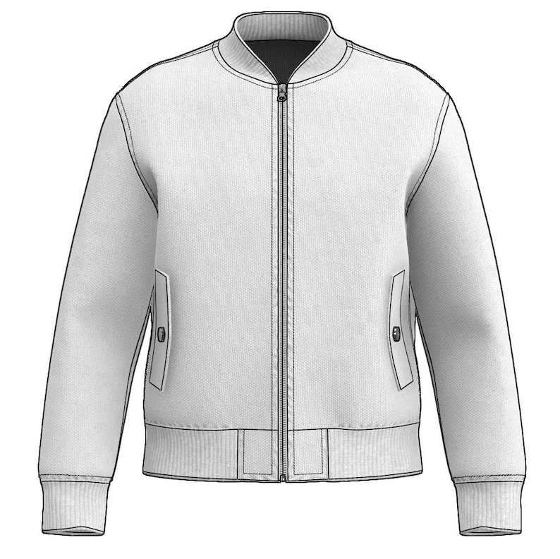 May include: A white bomber jacket with a zipper closure and two pockets on the sides. The jacket has a ribbed collar, cuffs, and hem.