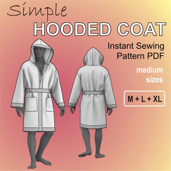 Simple Hooded Coat for men Boxers Robe Easy Coat without lining Bathrobe Louge Coat - Digital Sewing Pattern PDF - Medium Sizes M + L + XL