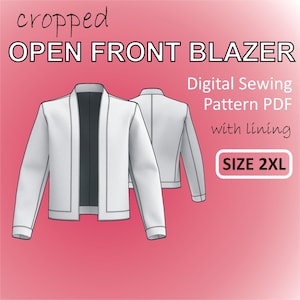 Puede incluir: Un patrón de costura de blazer blanco con abertura frontal y corte corto con forro negro. El patrón es para la talla 2XL y es una descarga digital en PDF. El texto "cropped OPEN FRONT BLAZER" está en la parte superior de la imagen. El texto "Digital Sewing Pattern PDF with lining SIZE 2XL" está en la parte inferior de la imagen.