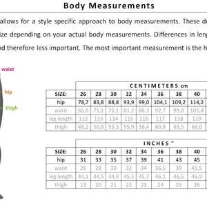 May include: A size chart for clothing with measurements in inches and centimeters. The chart shows measurements for hip, waist, leg length, and thigh for sizes 26 to 44.