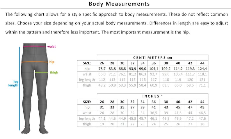 May include: A size chart for clothing with measurements in inches and centimeters. The chart shows measurements for hip, waist, leg length, and thigh for sizes 26 to 44.