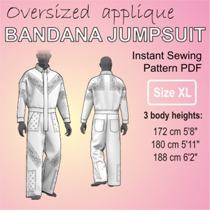 Puede incluir: Un mono blanco con estampado de bandana. El mono tiene una cremallera y mangas largas. La imagen muestra las vistas frontal y posterior del mono. El texto "Oversized applique BANDANA JUMPSUIT" está en la parte superior de la imagen. El texto "Instant Sewing Pattern PDF" está en la esquina superior derecha de la imagen. El texto "Size XL" está en un cuadro en la esquina inferior derecha de la imagen. El texto "3 body heights: 172 cm 5'8", 180 cm 5'11", 188 cm 6'2" está debajo del cuadro.