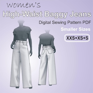 May include: Digital sewing pattern for high-waist baggy jeans in smaller sizes. The image shows a front and back view of the jeans, with the text "women's High-Waist Baggy Jeans" and "Digital Sewing Pattern PDF". The available sizes are XXS, XS, and S.