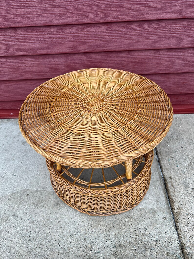 Vintage Round Wicker Side Table Etsy