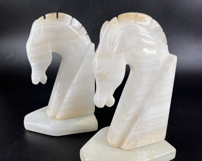 Vintage Hand Carved Onyx Marble Stone Trojan Horse Head Bookends Pair