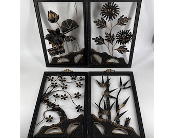 Vintage Brutalist Brass Asian Botanicals Framed Wall Plaques Set of 4 Jere Era