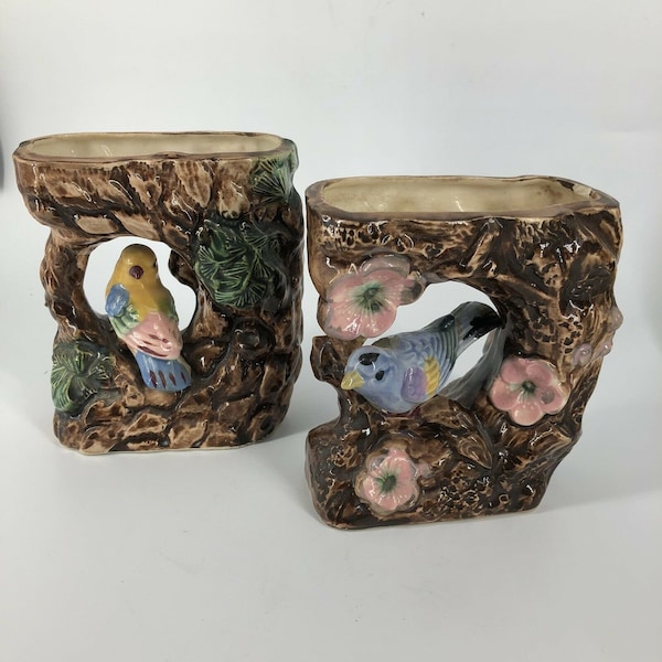 Pair of Vintage Florart Studio Art Pottery Hand Painted Planters Bird Tree Trunk