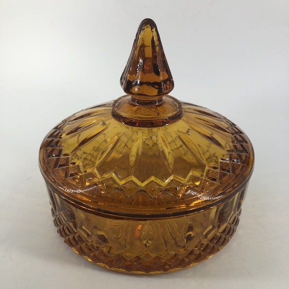Vintage Indiana Glass Round Covered Candy Dish Princess Cut Etsy