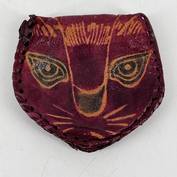 Vintage Hand Tooled Leather Kitty Cat Snap Accord… - image 9