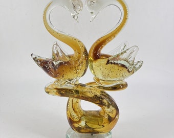 Handblown Art Glass Swan Sculpture Paperweight Double Birds Heart Clear Amber