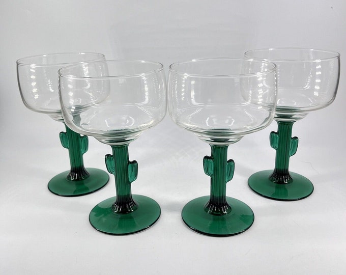 Vintage Libbey Glass Green Cactus Stem Margarita Mojito Glasses Set of