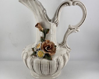 Vintage Capodimonte Style Hand Painted Majolica Porcelain Pitcher Ewer Italy