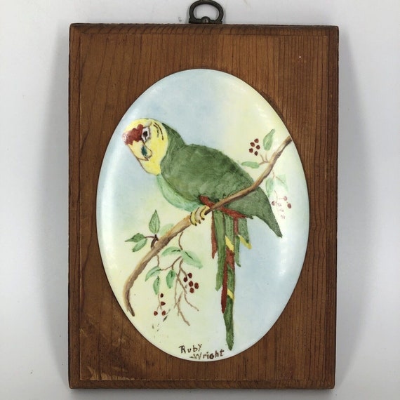 Vintage Original Art Acrylic on Tile Wall Plaque Green Parrot Etsy