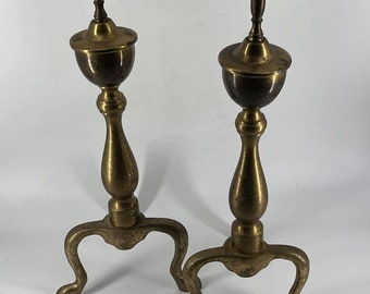 Vintage Brass Cast Iron Log Holder Fireplace Andirons Firedogs Finials Pair