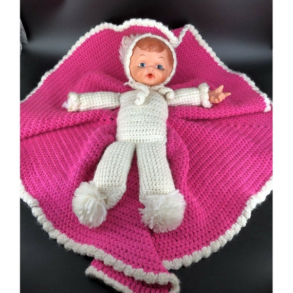 Vintage Handmade Crocheted Bed Pillow Baby Doll Swaddle Blanket