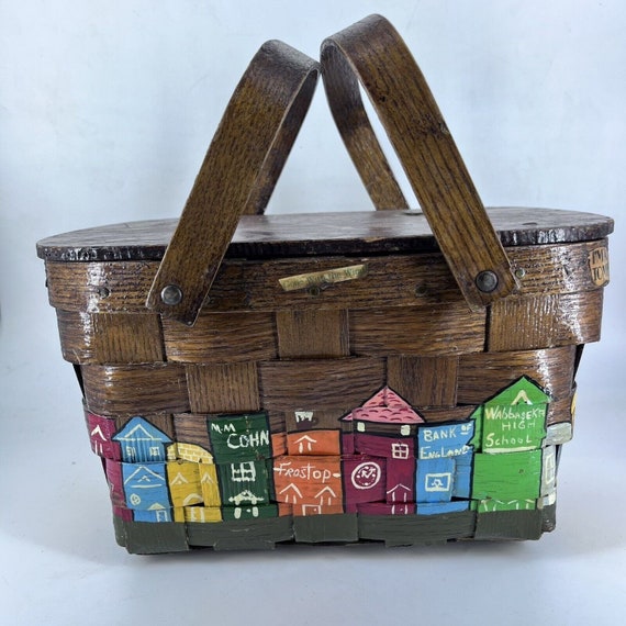 Vintage Caro Nan Wooden Basket Purse Hand Painted Decoupage Penny Little Rock AR Etsy