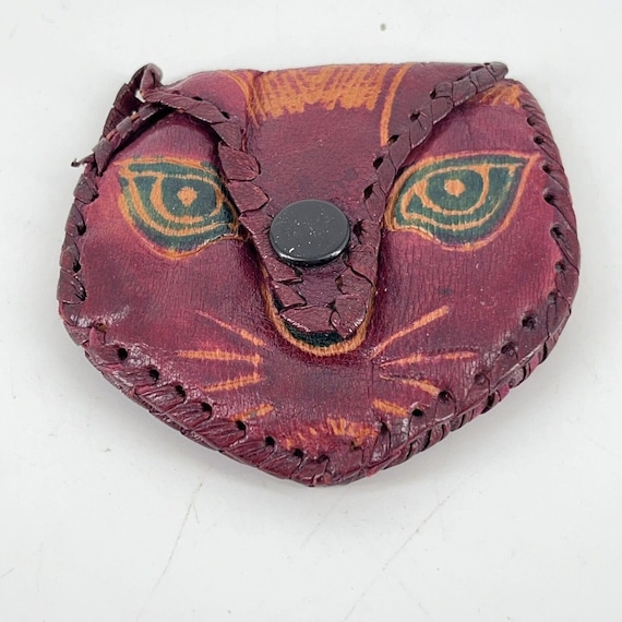Vintage Hand Tooled Leather Kitty Cat Snap Accord… - image 1