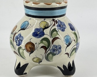 Vintage Tonala Mexican Folk Art Pottery Footed Vase Planter Butterflies Signed
