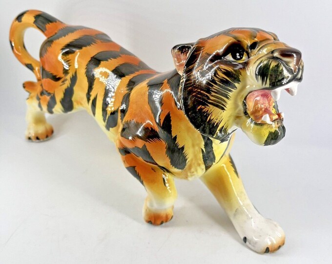 Vintage Hand Painted Ceramic Pottery Roaring Bengal Tiger Figurine