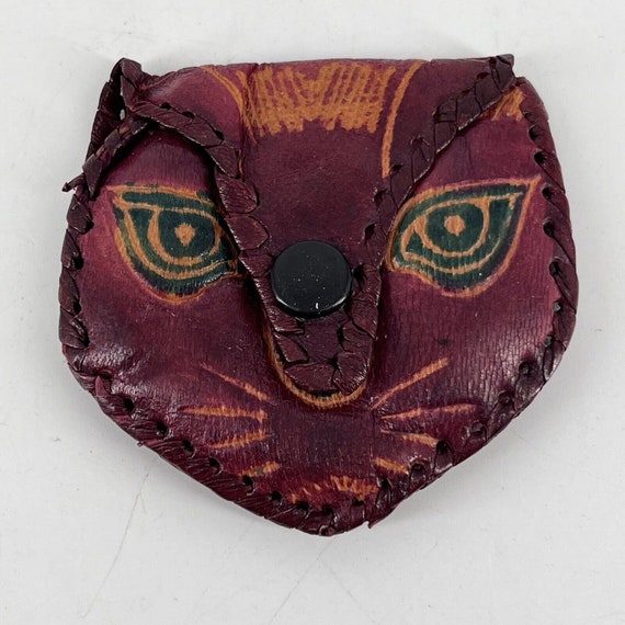 Vintage Hand Tooled Leather Kitty Cat Snap Accord… - image 2