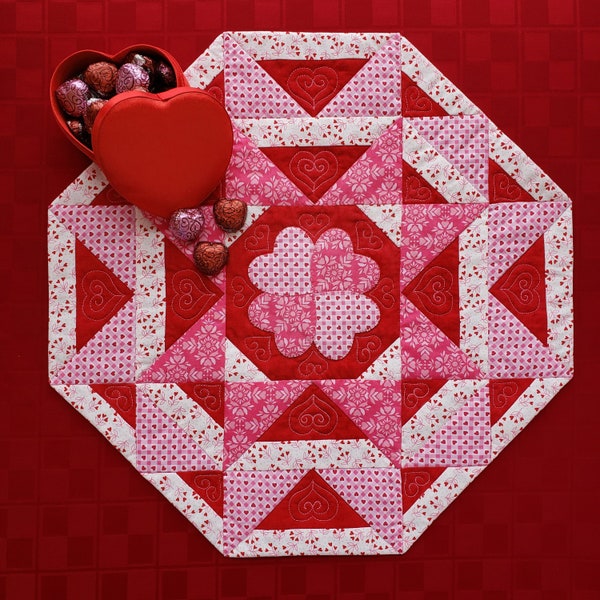 Valentines Table Topper Quilt Pattern, Octagon Table Topper Quilt Pattern, PDF Quilt Pattern, Candy Hearts Table Topper pattern