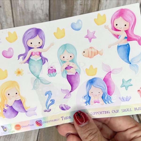 Mermaid Sticker Sheet, Mermaid Stickers, Ocean Stickers, Fish Stickers, Shell Stickers, Kids Sticker Sheet