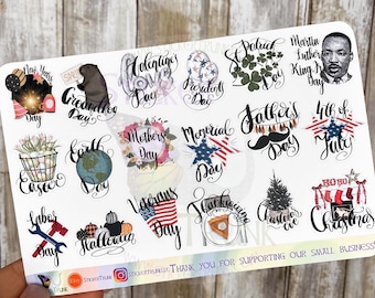 Holiday Planner Stickers SHEET 1, Holiday Stickers, Erin Condren, Happy Planner, Holiday Art, MLK Jr Day, Earth Day, Valentines Day